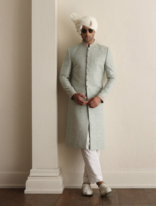 Classic Sea Foam Intricately Embroidered Pakistani Groom Sherwani