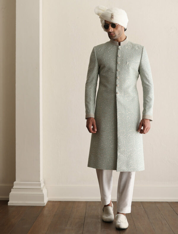 Classic Sea Foam Intricately Pakistani Groom Sherwani