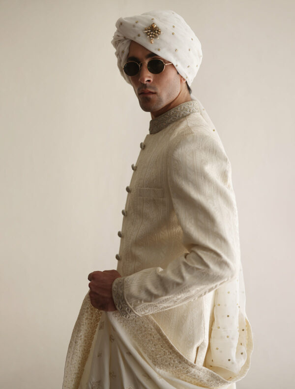 Cream Self Embroidered Pakistani Groom Sherwani