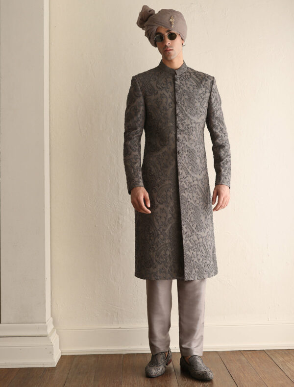 Deep Taupe Intricate Embroidered Pakistani Groom Sherwani