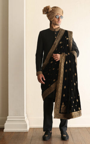 Elegant Black Self Embroidered Pakistani Groom Sherwani