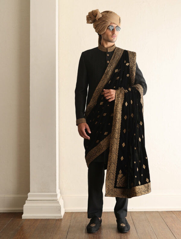 Elegant Black Self Embroidered Pakistani Groom Sherwani