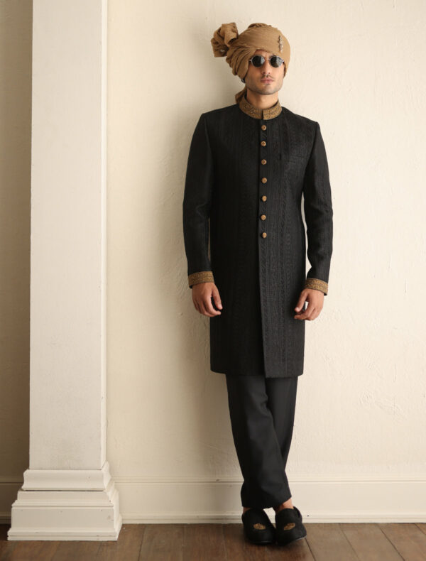 Elegant Black Self Embroidered Pakistani Sherwani