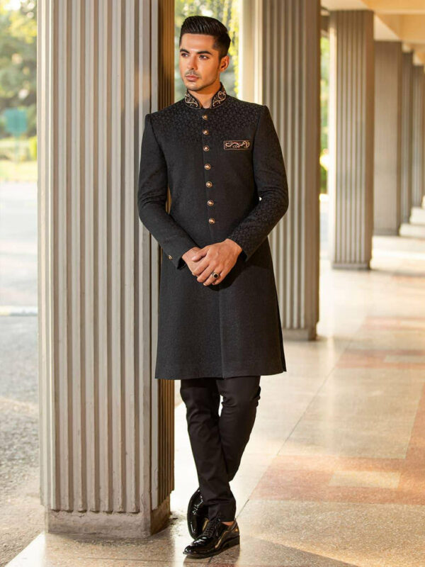 Elegant Golden Black Karandi Pakistani Groom Sherwani