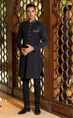 Elegant Golden Embroidered Black Karandi Pakistani Groom Sherwani