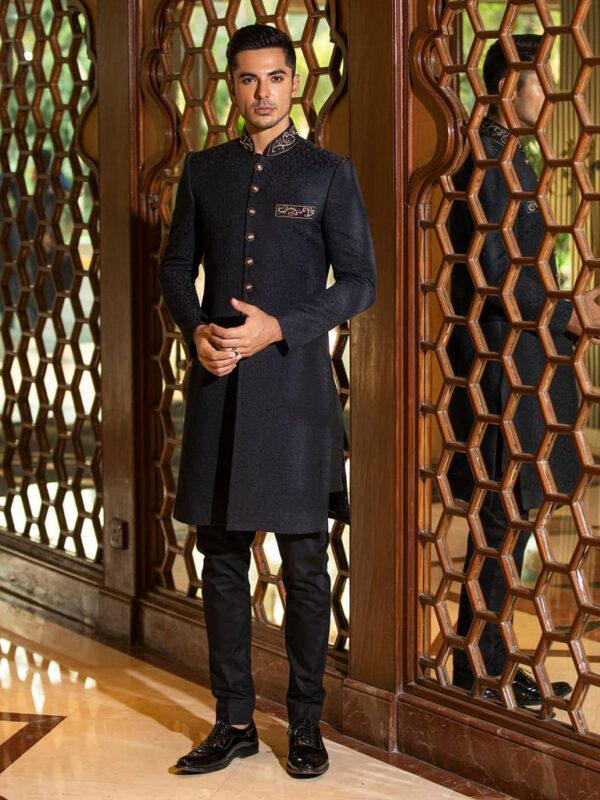 Elegant Golden Embroidered Black Karandi Pakistani Groom Sherwani