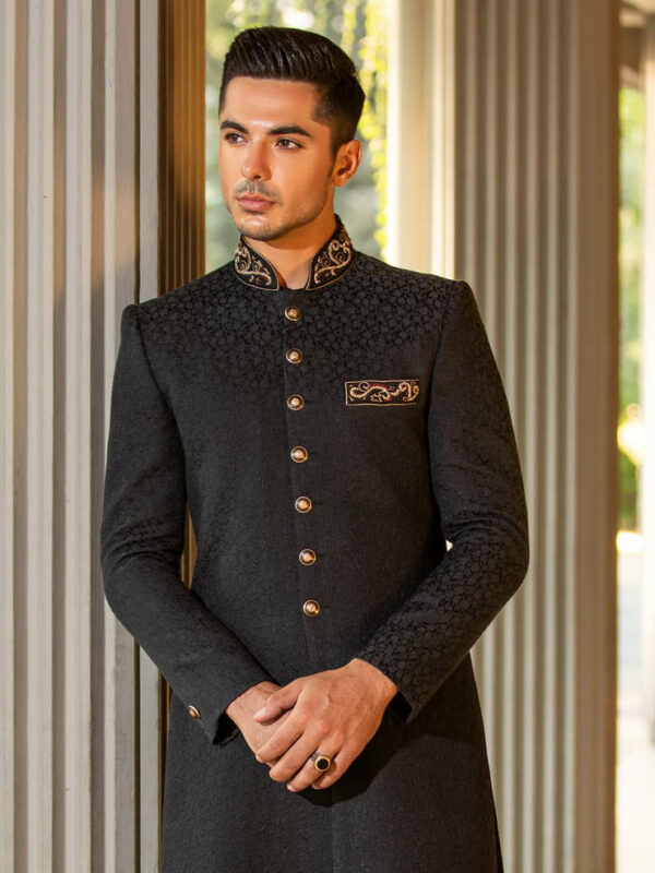 Elegant Golden Embroidered Black Karandi Pakistani Sherwani