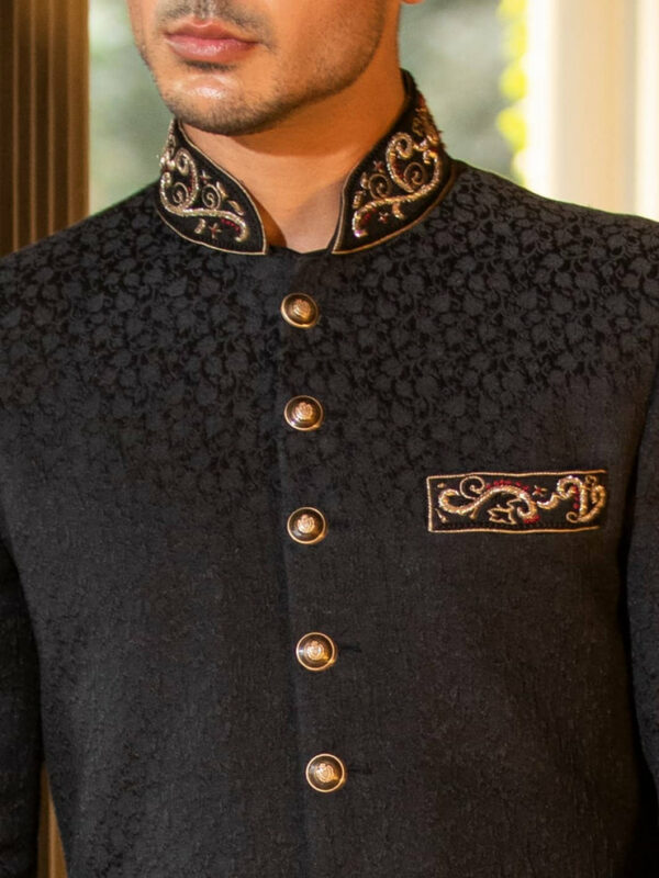 Elegant Golden Embroidered Black Pakistani Groom Sherwani