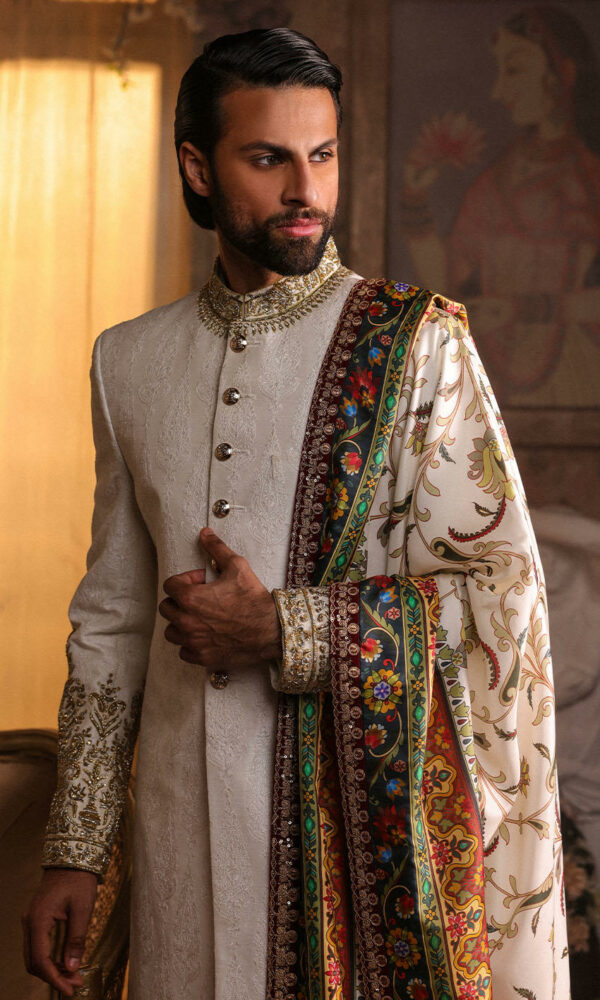 Elegant Pakistani Groom Dress in Raw Silk Ivory Sherwani Style