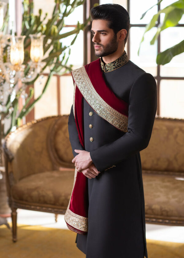 Elegant Wedding Embroidered Black Pakistani Groom Sherwani