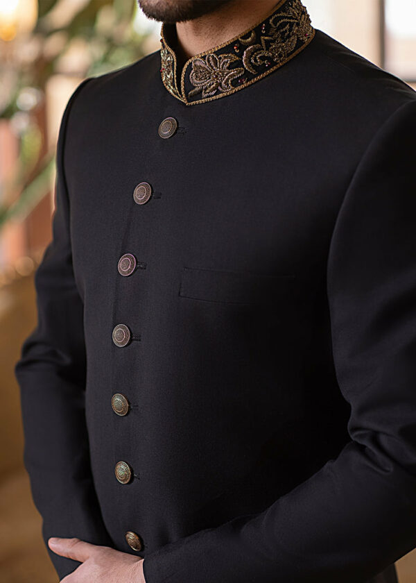 Elegant Wedding Wear Black Pakistani Groom Sherwani