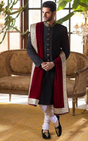 Elegant Wedding Wear Embroidered Black Pakistani Groom Sherwani