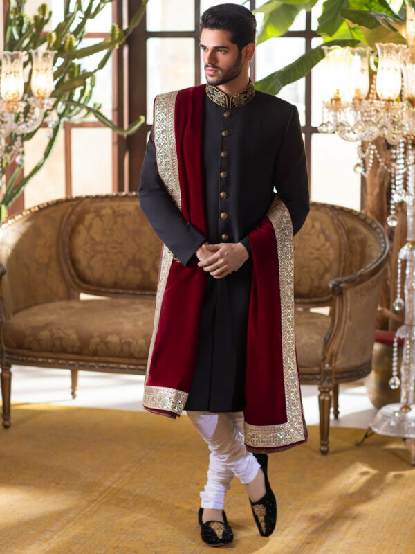 Elegant Wedding Wear Embroidered Black Pakistani Groom Sherwani