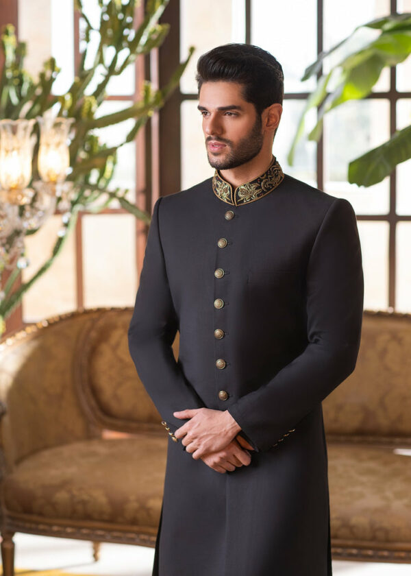 Elegant Wedding Wear Embroidered Black Pakistani Sherwani