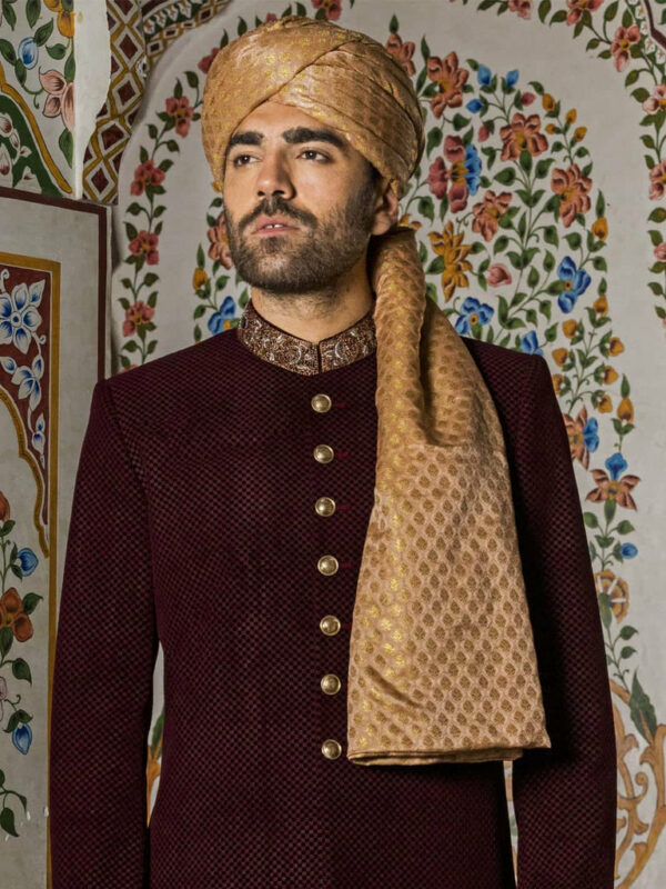 Elegantly Embroidered Burgundy Pakistani Sherwani