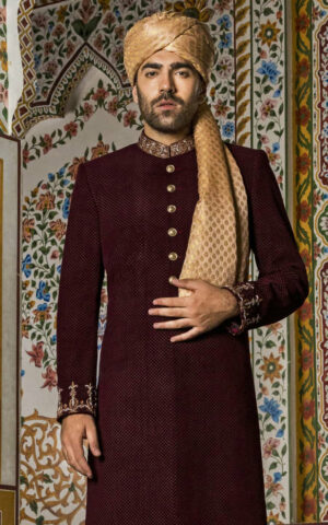 Elegantly Embroidered Velvet Burgundy Pakistani Sherwani