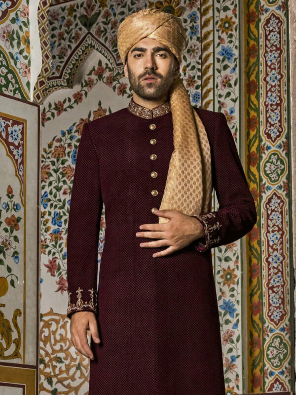 Elegantly Embroidered Velvet Burgundy Pakistani Sherwani