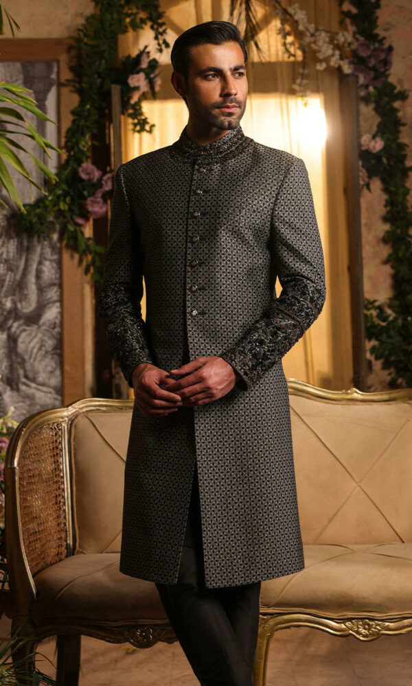 Embellished Pakistani Black Sherwani for Groom