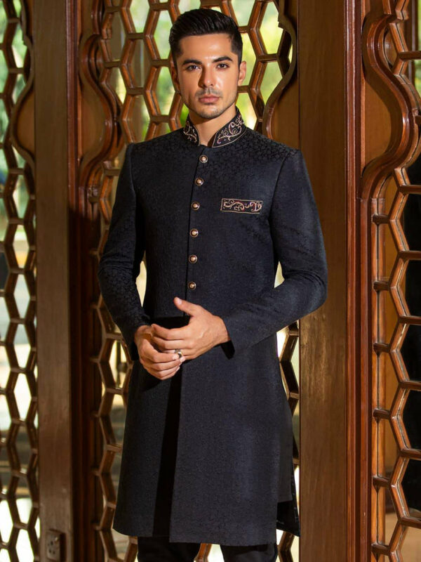 Golden Embroidered Black Karandi Pakistani Groom Sherwani