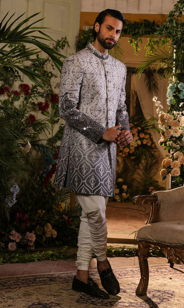 Groom Dress in Raw Silk Grey Sherwani Style