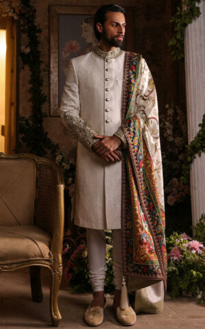 Groom Dress in Raw Silk Ivory Sherwani Style