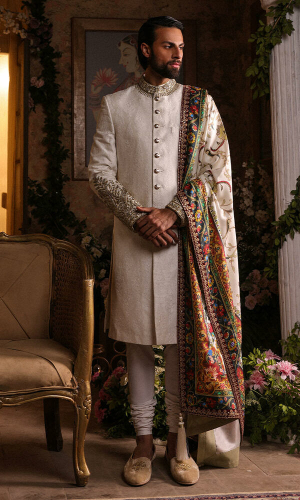 Groom Dress in Raw Silk Ivory Sherwani Style