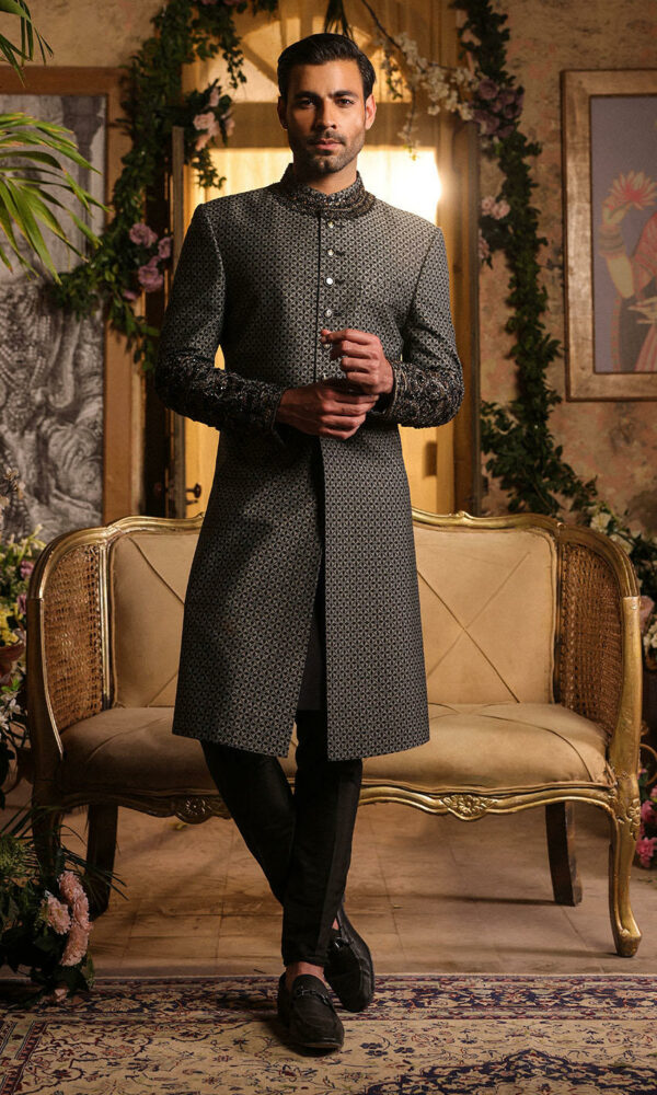 Hand Embellished Black Sherwani for Groom