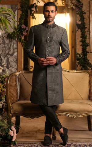 Hand Embellished Pakistani Black Sherwani for Groom