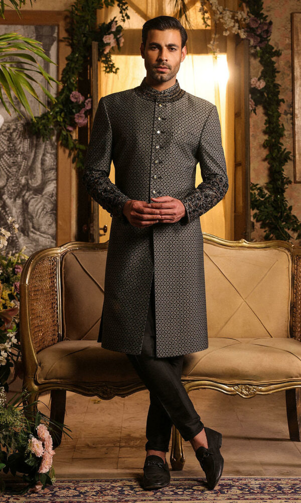 Hand Embellished Pakistani Black Sherwani for Groom