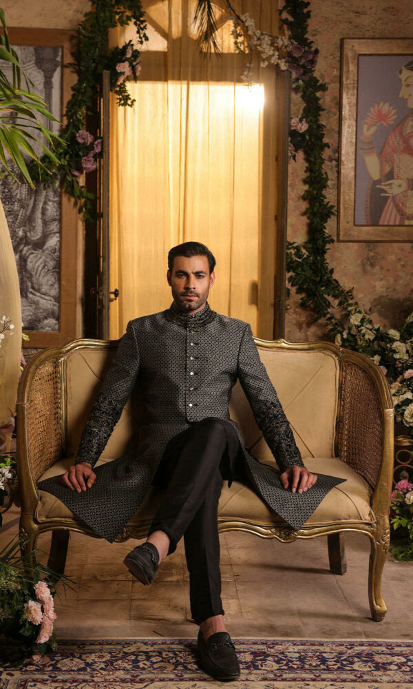 Hand Embellished Pakistani Black Sherwani for Groom Online