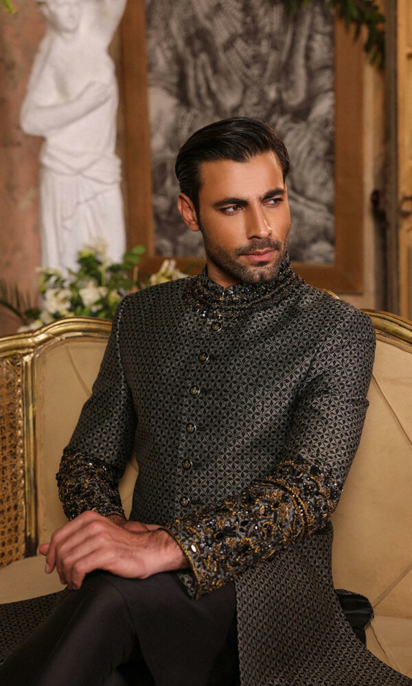 Hand Embellished Pakistani Wedding Black Sherwani for Groom