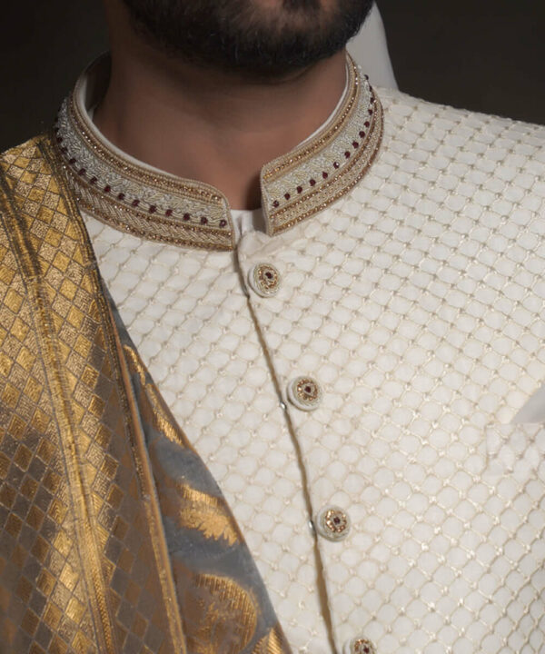 Ivory White Raw Silk Form Fitted Traditional Groom Sherwani