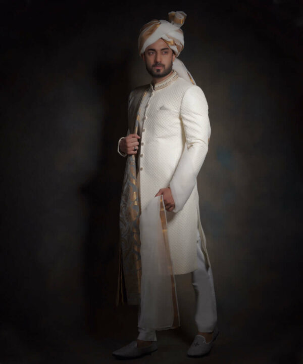 Ivory White Raw Silk Fitted Traditional Groom Sherwani