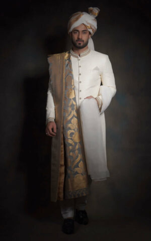 Ivory White Raw Silk Form Fitted Traditional Groom Sherwani