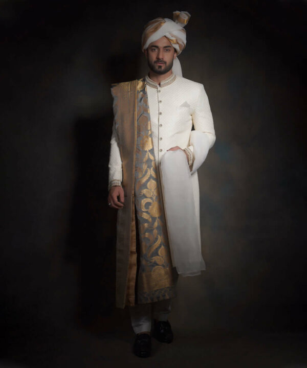 Ivory White Raw Silk Form Fitted Traditional Groom Sherwani