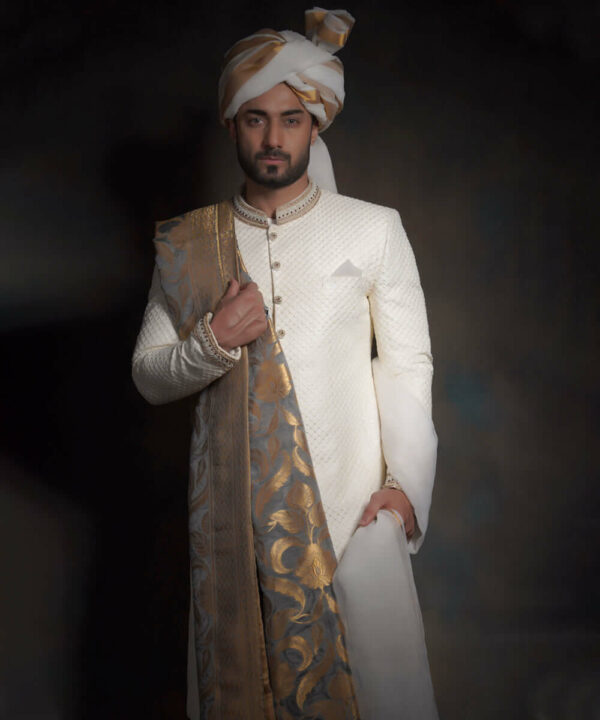 Ivory White Raw Silk Form Fitted Traditional Sherwani