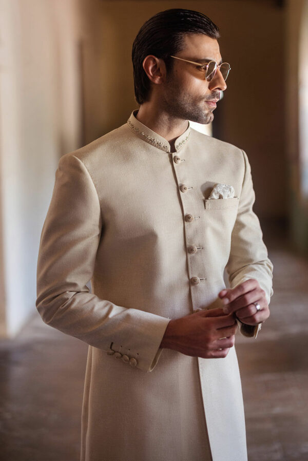 Khaddar Beige Sherwani Pakistani Groom Dress