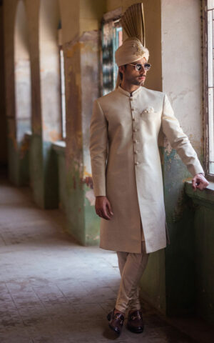 Khaddar Beige Sherwani and Qulla Pakistani Groom Dress