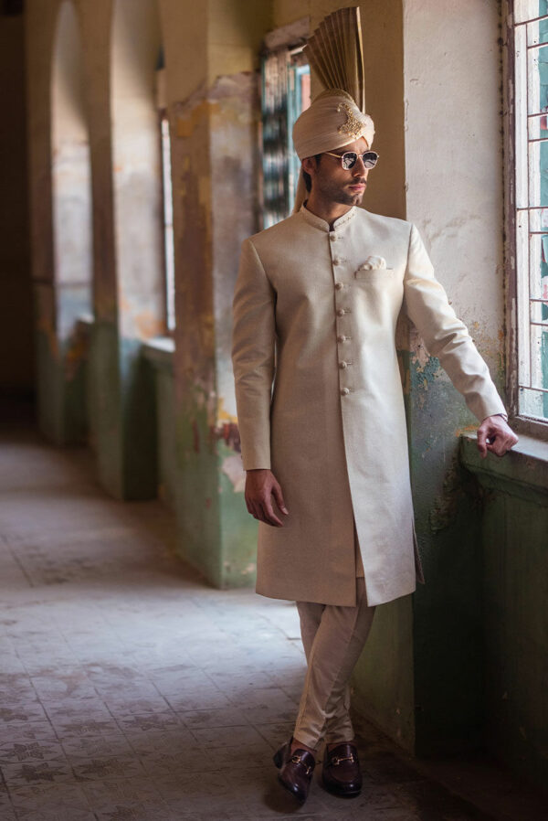 Khaddar Beige Sherwani and Qulla Pakistani Groom Dress