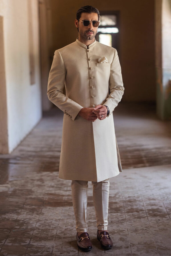 Khaddar Beige Sherwani and Qulla Pakistani Groom Dress Online