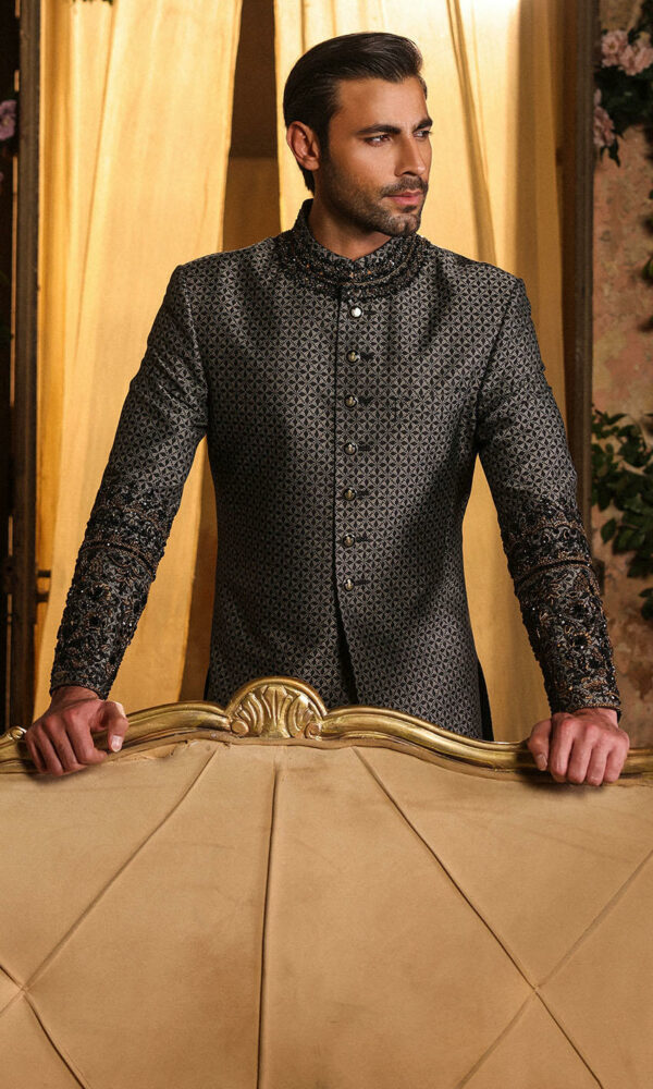 Latest Hand Embellished Pakistani Black Sherwani for Groom