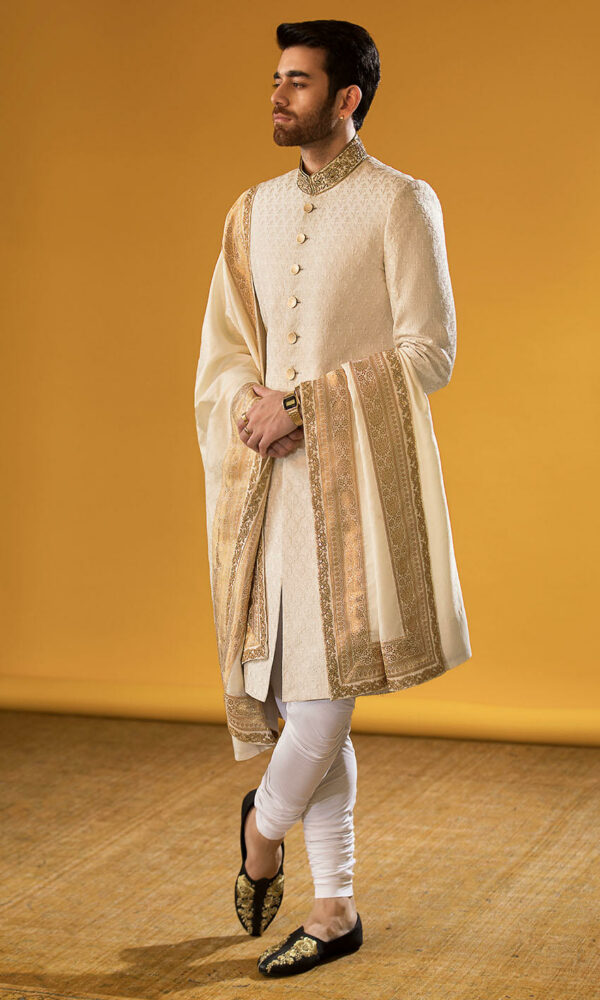 Latest Pakistani Groom Dress in Embroidered Sherwani Style