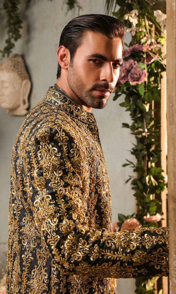 Latest Pakistani Groom Dress in Raw Silk Black Sherwani Style