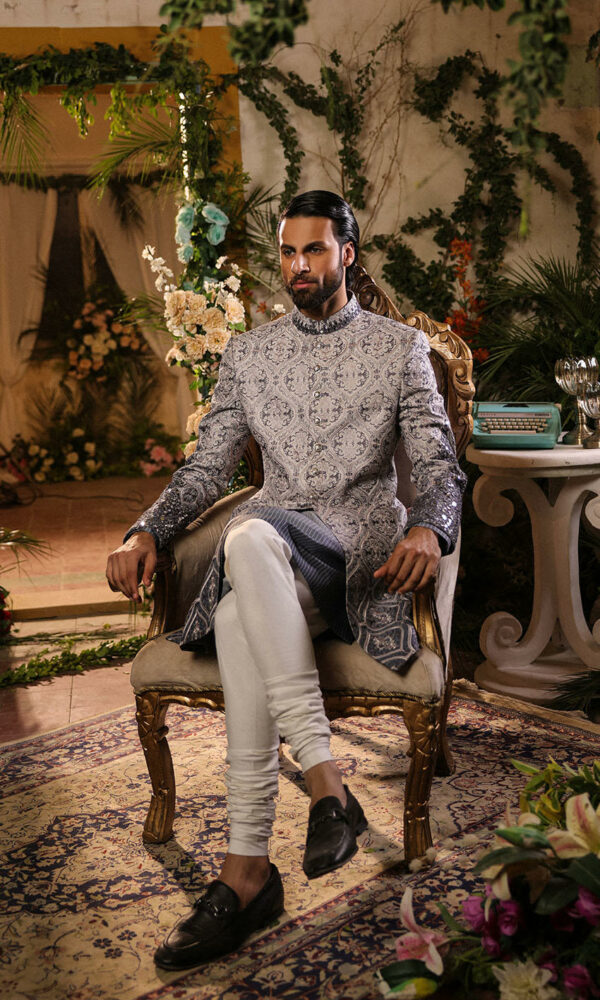 Latest Pakistani Groom Dress in Raw Silk Grey Sherwani Style