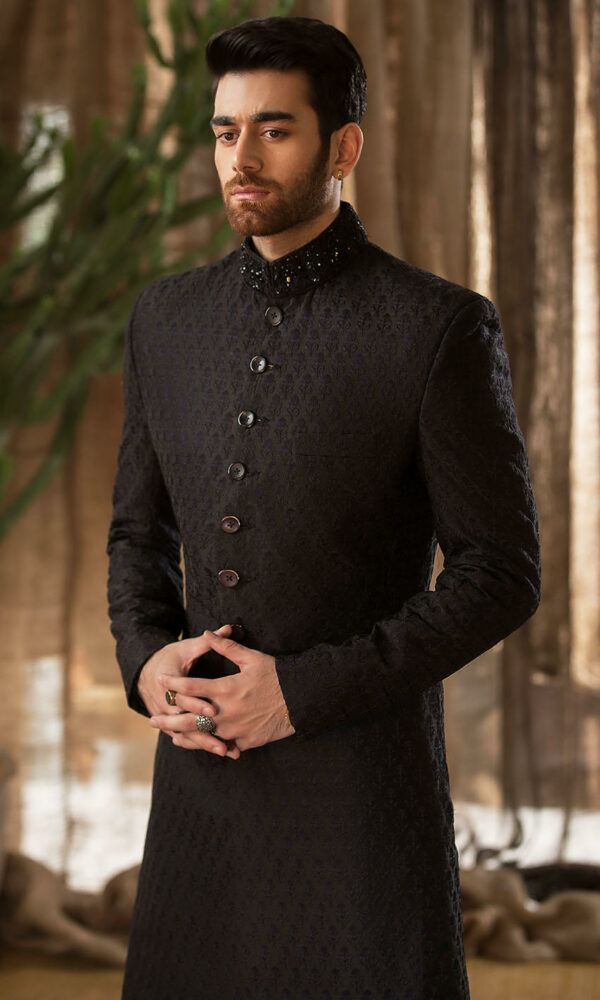 Latest Pakistani Groom Dress in Royal Black Sherwani Style