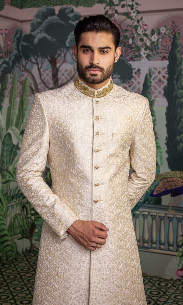 Latest Pakistani Wedding Raw Silk Ivory Sherwani for Groom