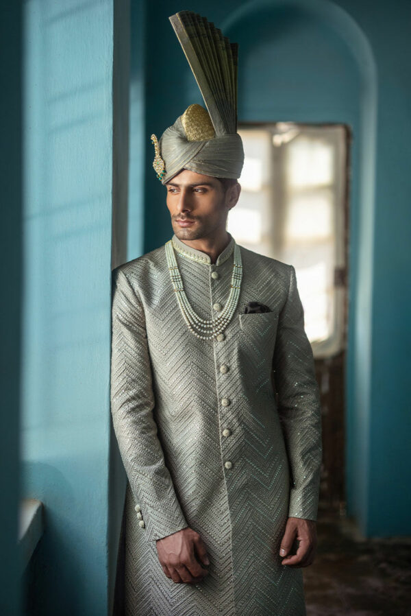 Light Grey Sherwani Style Pakistani Groom Dress