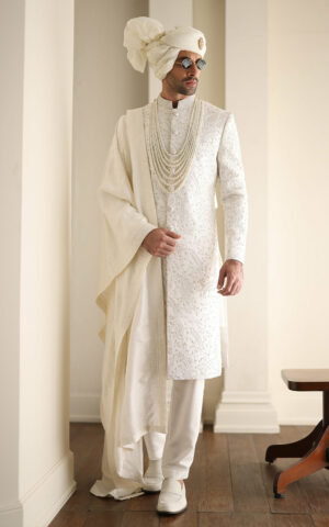 OFF-White Elegant Embroidered Pakistani Groom Sherwani