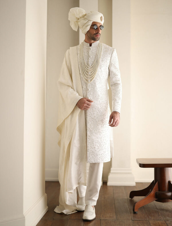 OFF-White Elegant Embroidered Pakistani Groom Sherwani