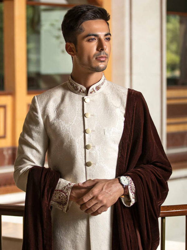 OFF White Jamawar Embroidered Pakistani Groom Sherwani